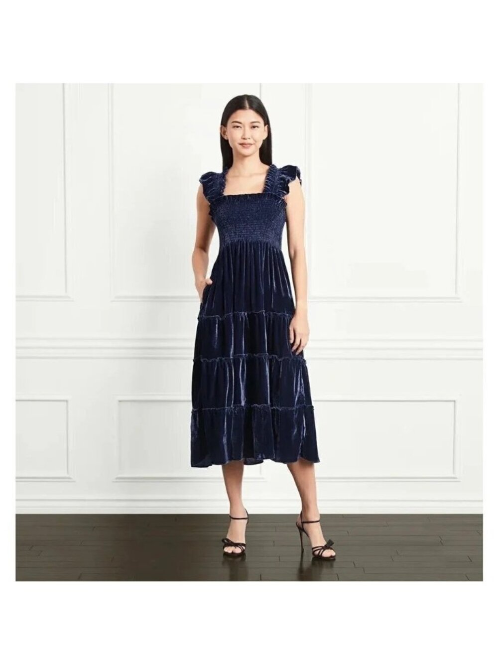 HILL HOUSE XS Ellie Nap Dress Navy Blue Velvet Romantic